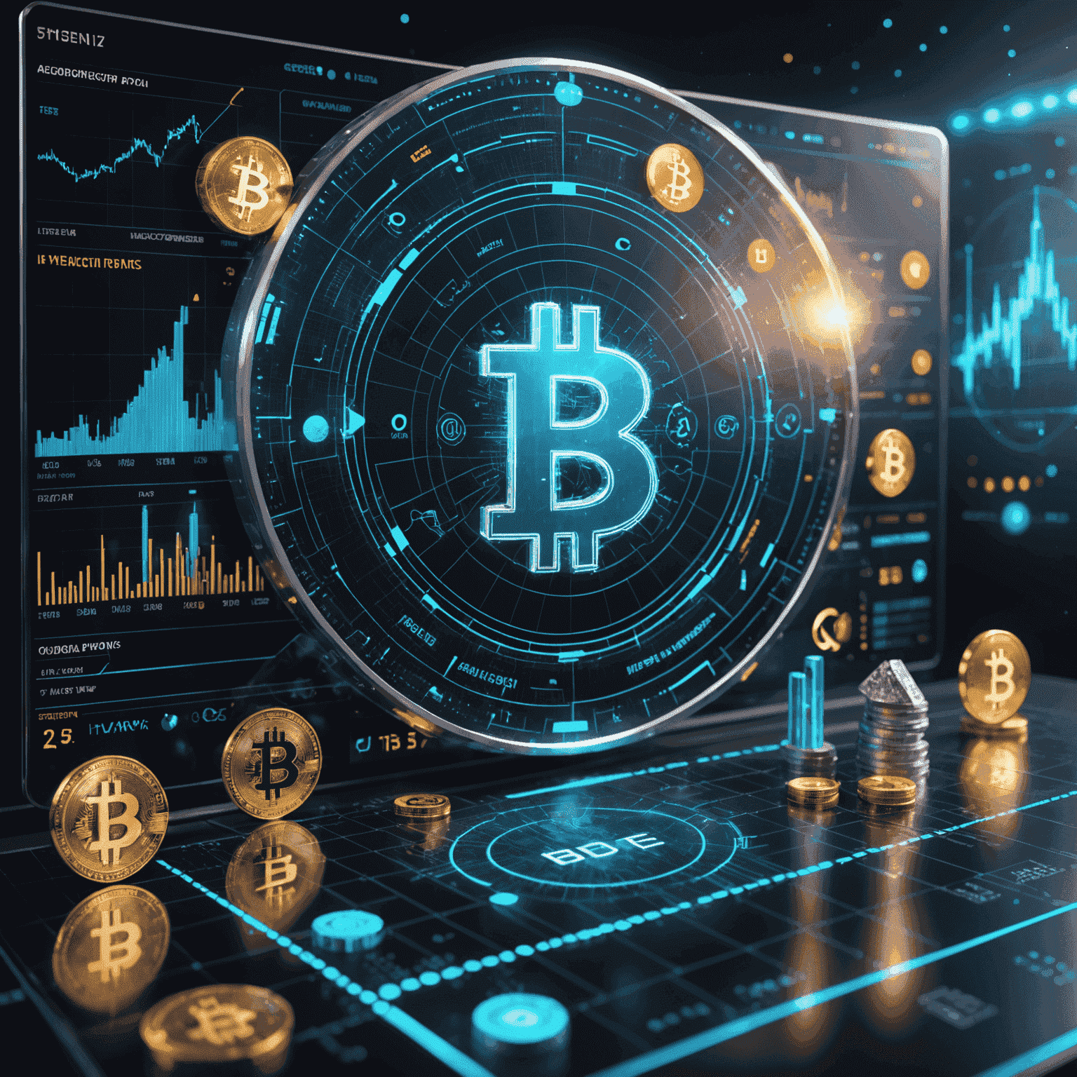 Imagen conceptual de tecnologías financieras avanzadas: una pantalla holográfica mostrando gráficos financieros, rodeada de iconos de criptomonedas y símbolos de inteligencia artificial