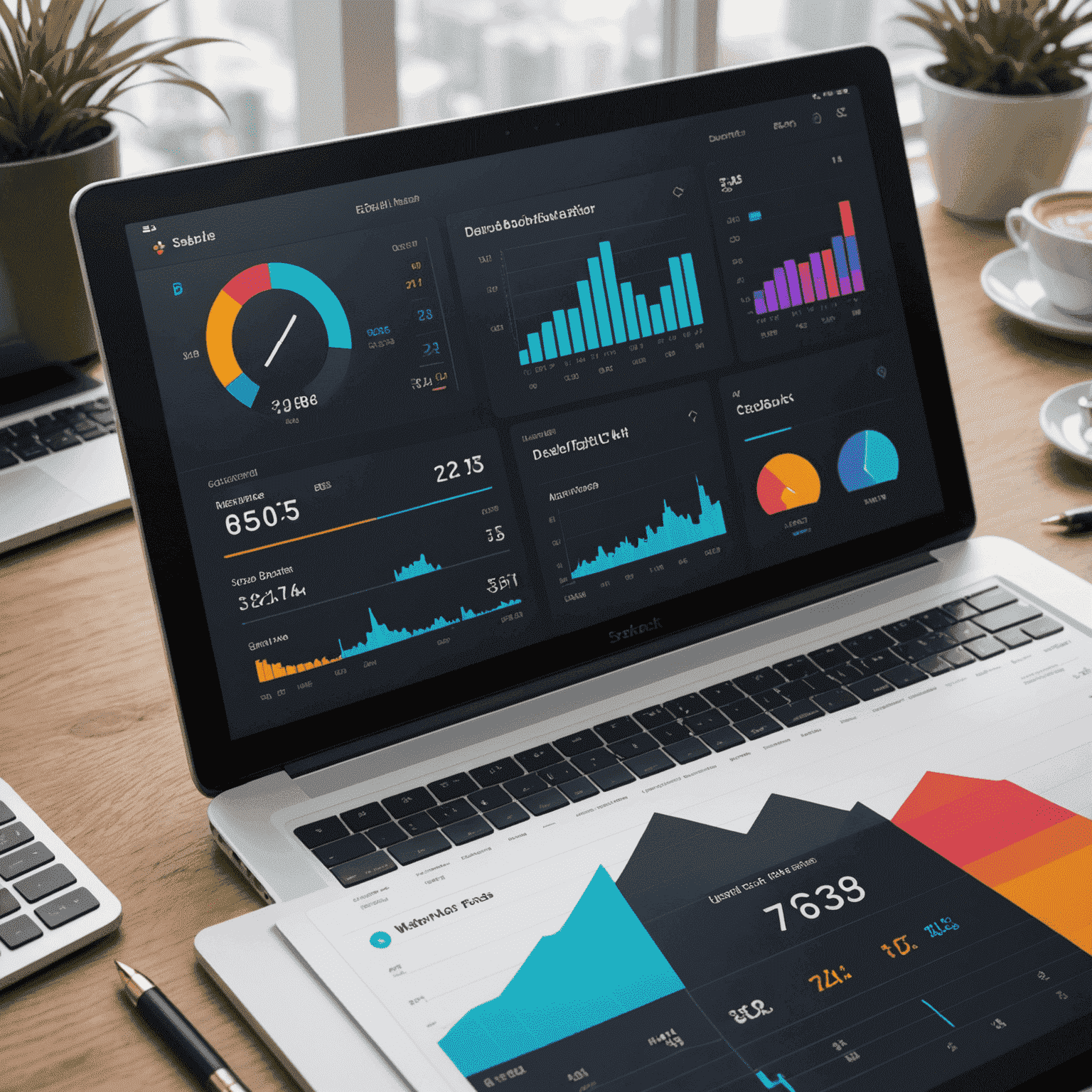 Interfaz de usuario de una aplicación financiera moderna mostrando un dashboard con gráficos coloridos y diseño minimalista