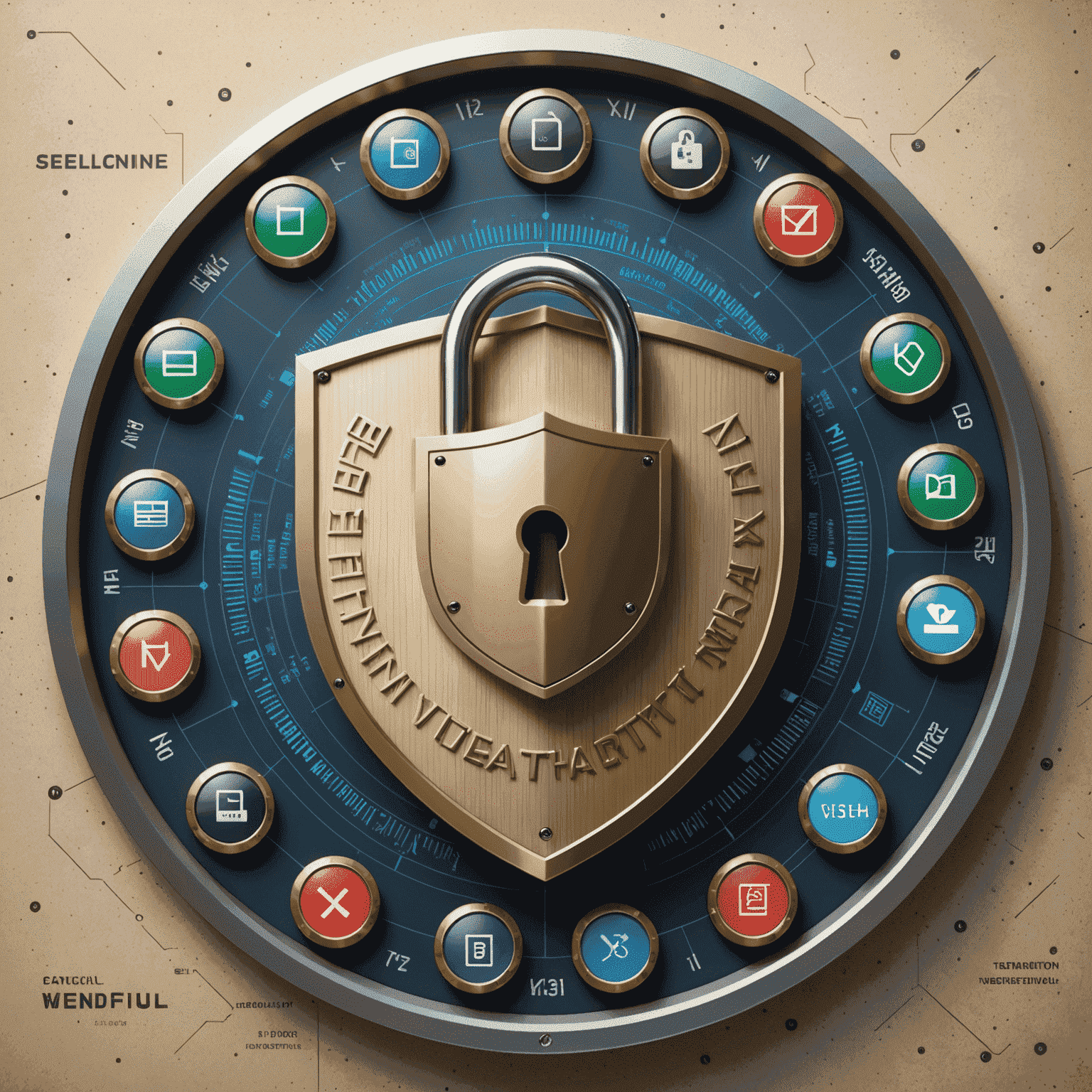 Ilustración de una interfaz de plataforma financiera con elementos de seguridad como escudos, candados y códigos de verificación