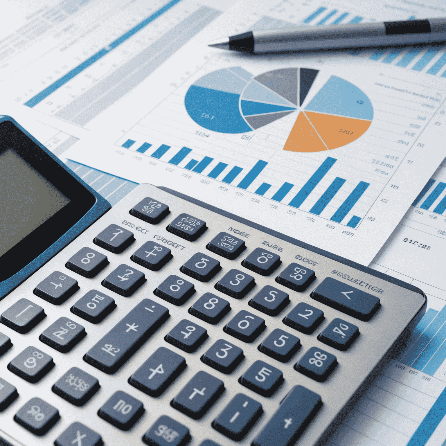 Imagen de una calculadora y gráficos de presupuesto con colores suaves en azul y gris