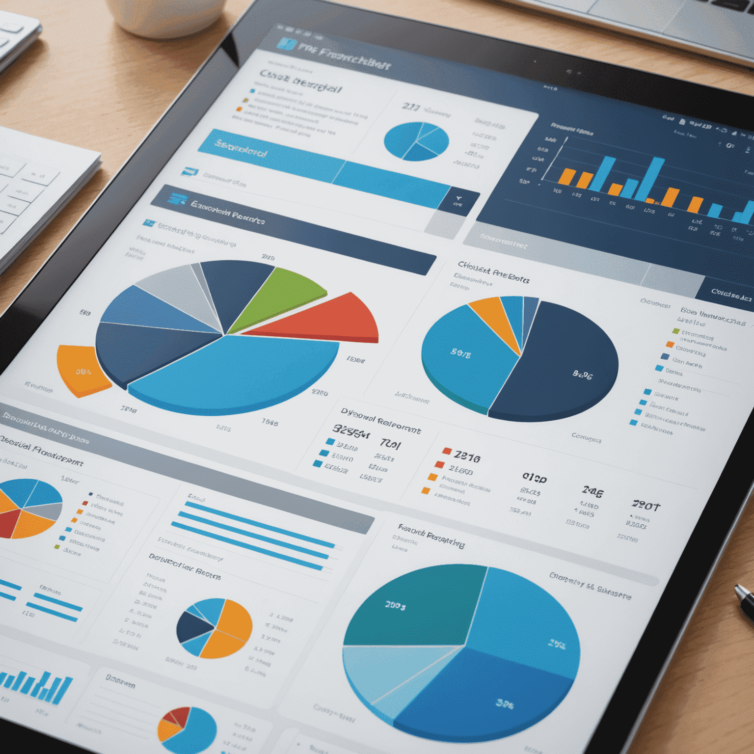 Imagen de un dashboard financiero mostrando gráficos coloridos de barras, líneas y circulares que representan diferentes aspectos de los informes financieros. La interfaz es limpia y moderna, con un fondo suave en tonos azules y grises.