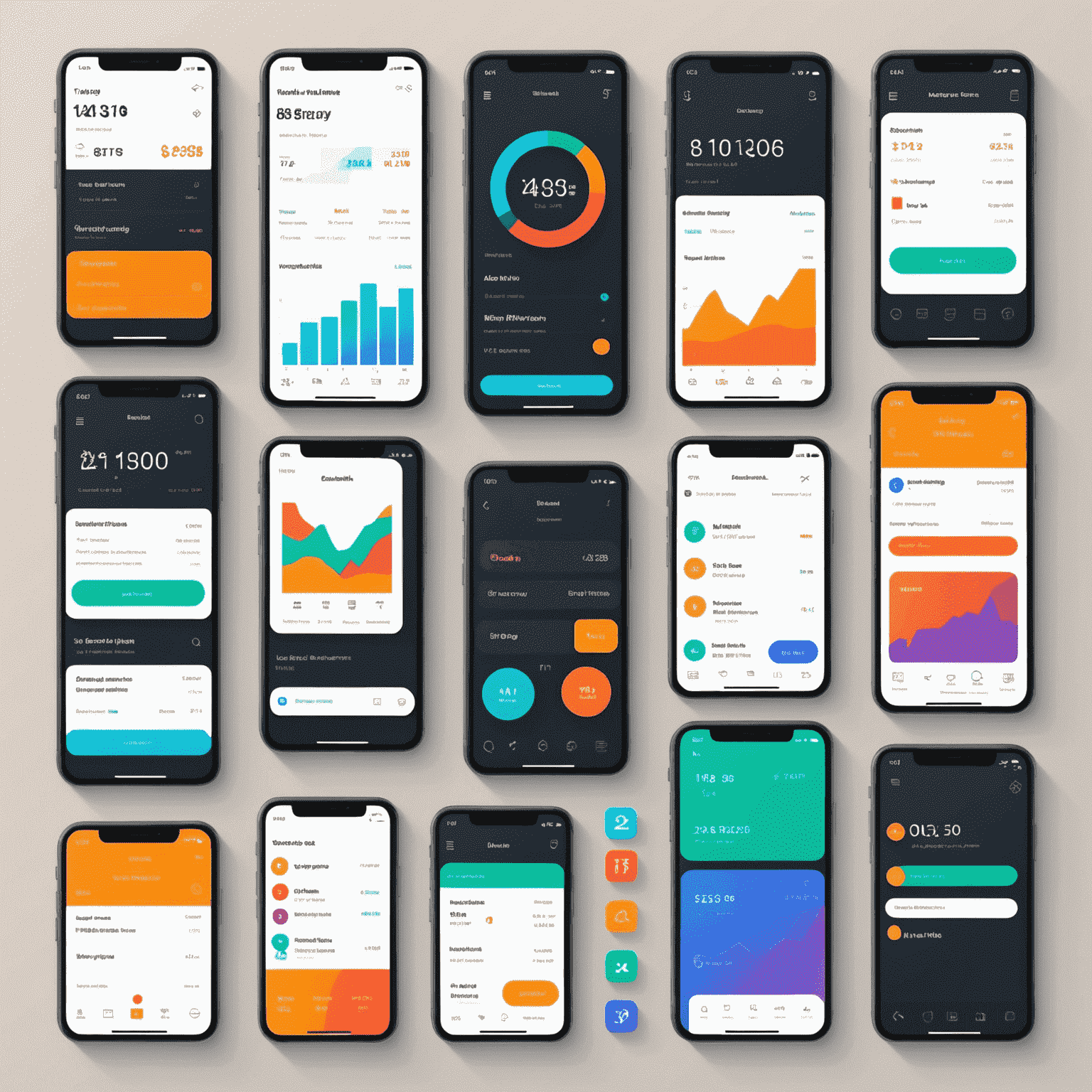Collage de interfaces de usuario de aplicaciones financieras mostrando diseños minimalistas y coloridos