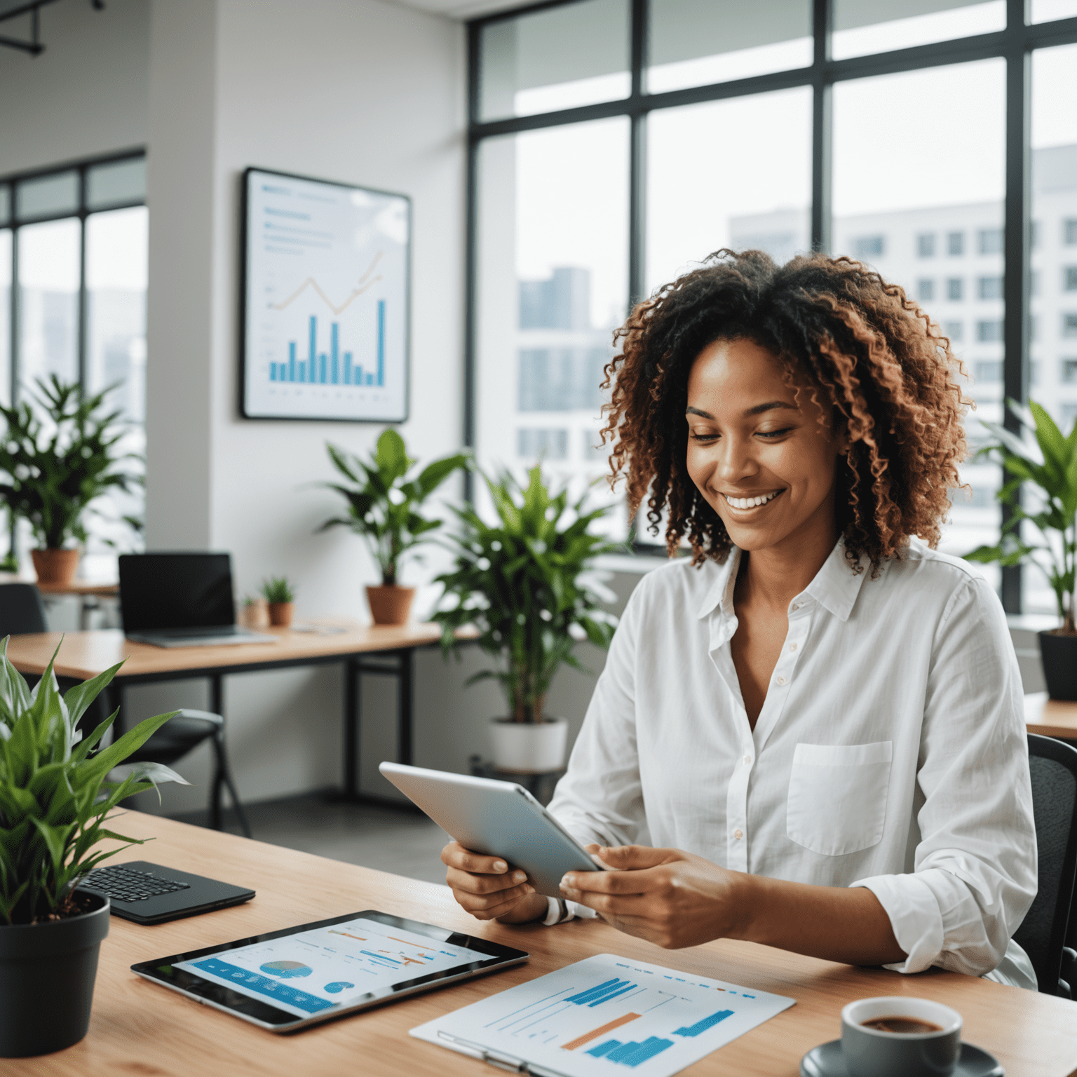 Imagen de una persona sonriente mirando una tablet con gráficos financieros. El fondo muestra una oficina moderna y luminosa con plantas y elementos de diseño suaves.