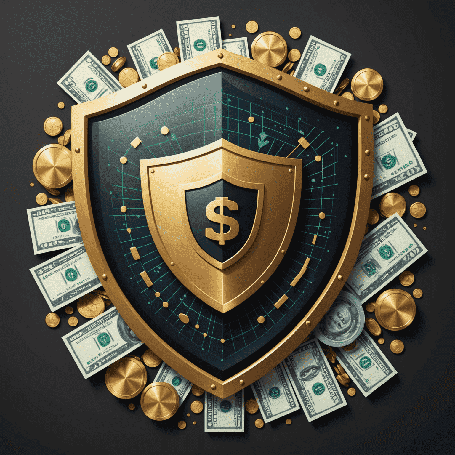 Representación visual de un escudo protector sobre iconos de dinero y datos, simbolizando la ciberseguridad en finanzas