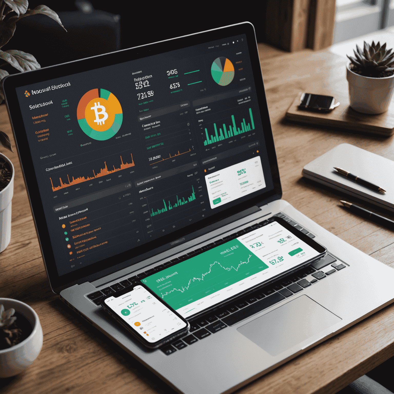 Interfaz de usuario mostrando un dashboard de finanzas personales con secciones para criptomonedas, acciones tradicionales y ahorros, ilustrando la integración de diferentes tipos de activos