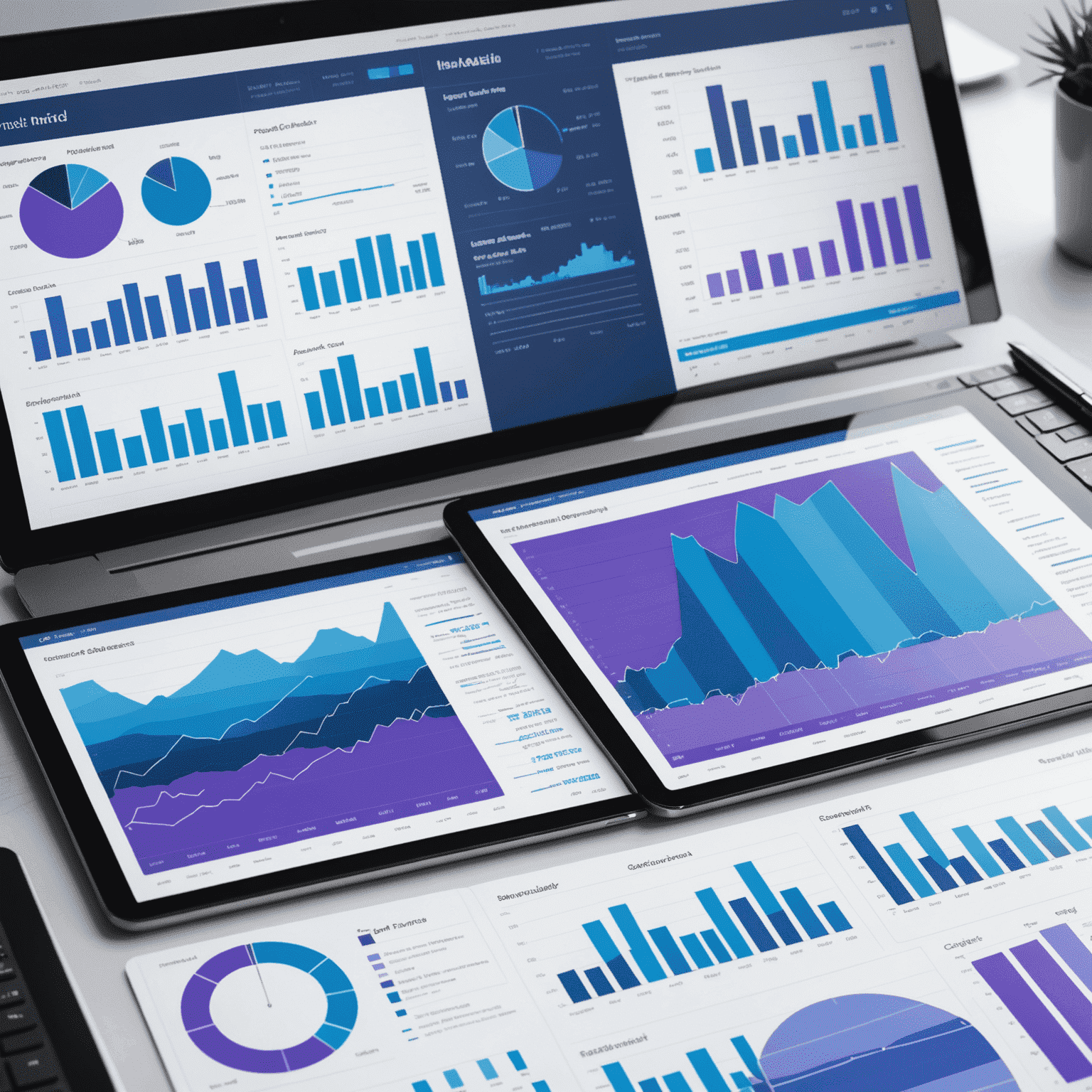 Imagen de un dashboard mostrando gráficos de rendimiento de inversiones y análisis de cartera en tonos de azul y lavanda