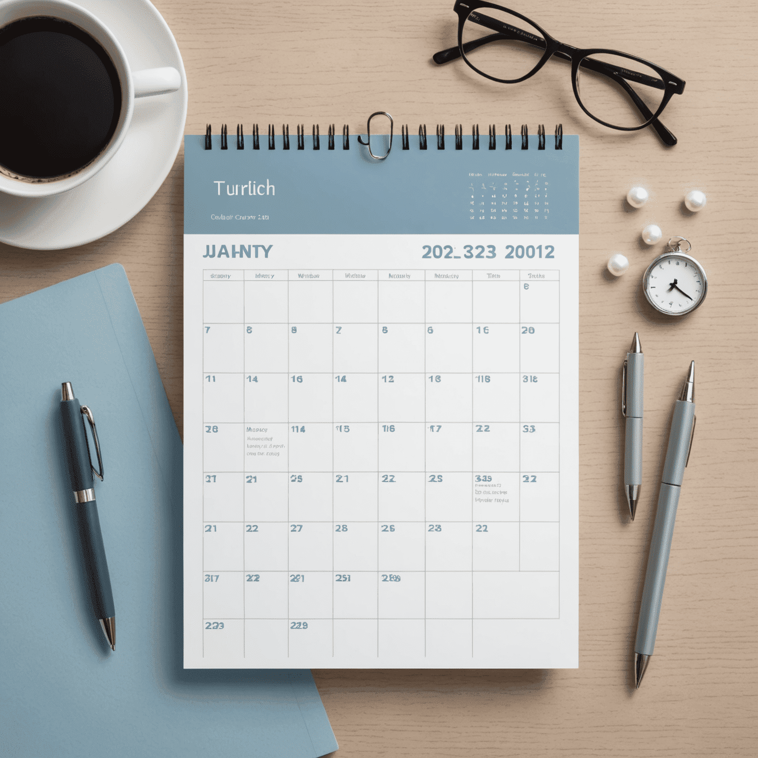 Imagen de un calendario con recordatorios de pagos y facturas organizadas en colores suaves de azul y gris perla