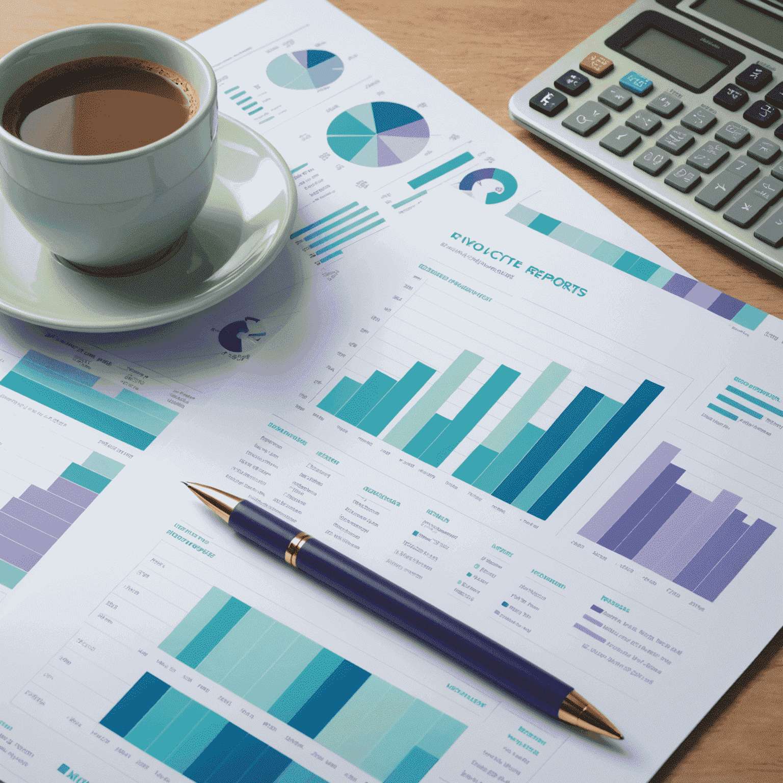 Imagen de informes financieros con gráficos y tablas en colores suaves de azul, verde menta y lavanda